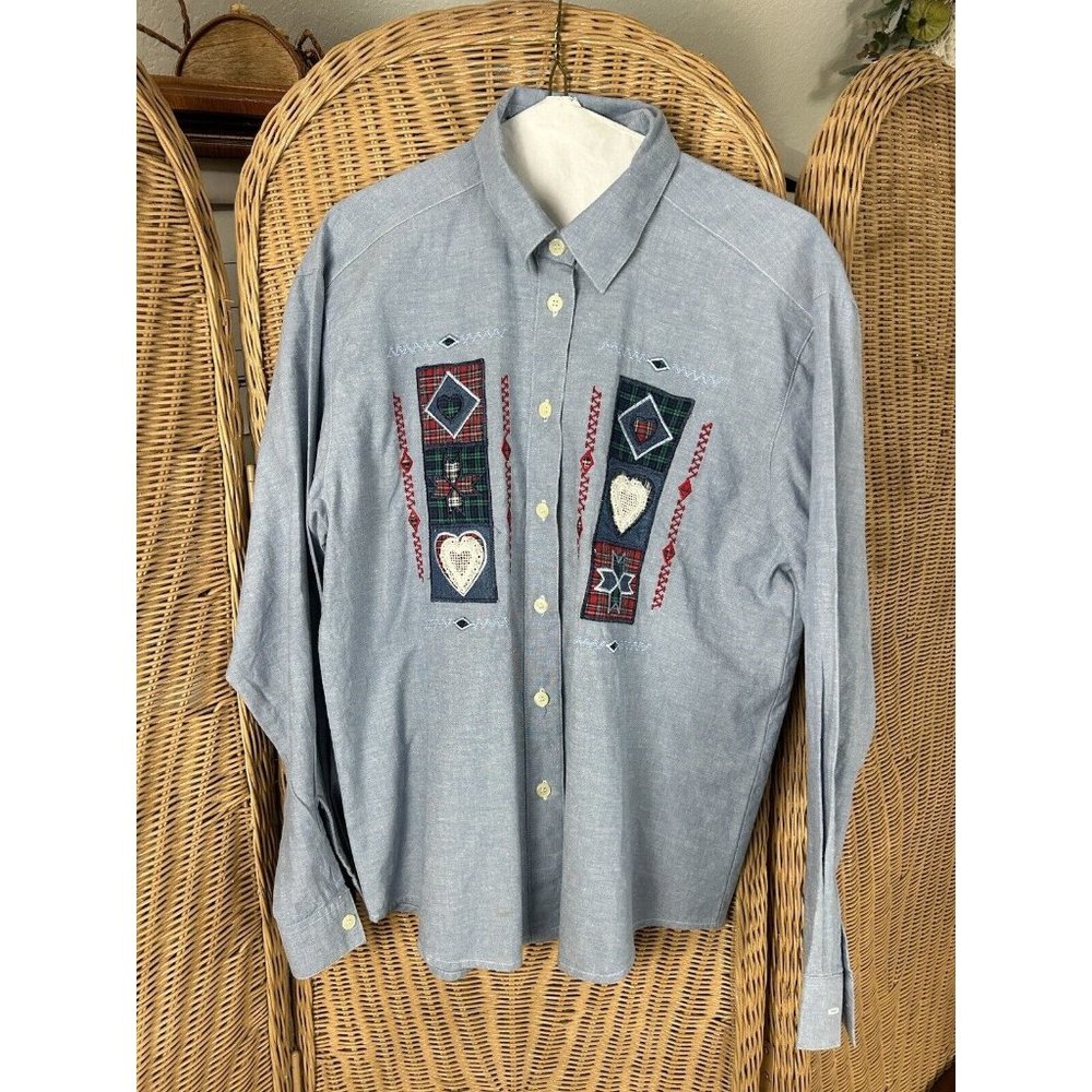 woman button down shirt Denim Look Quilt Hearts Medium Patriotic